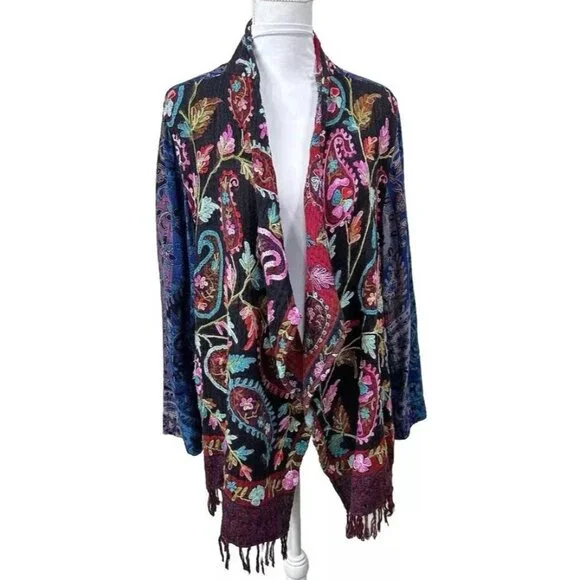 Soft Surroundings Sweater Boho Embroidered Open Fringe Kimono Cardigan SZ: Large - Picture 1 of 7
